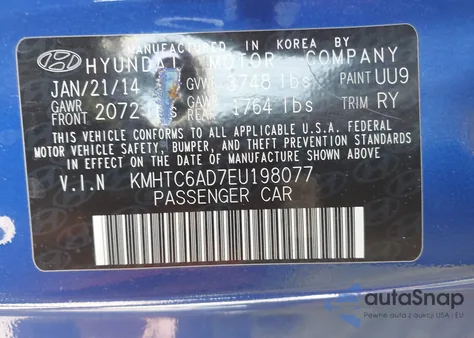 2014 Hyundai Veloster Base W/Black z USA, uszkodzony, nr VIN KMHTC6AD7EU198077